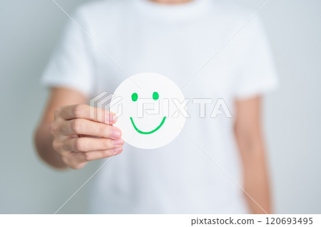 Woman show Happy Smile face paper, Mental health Assessment, Psychology, Health Wellness, Feedback, Customer Review, Experience, Satisfaction Survey, Positive Thinking and World Mental Health day Woman show Happy Smile face paper, Mental health Assessment, Psychology, Health Wellness, Feedback, Customer Review, Experience, Satisfaction Survey, Positive Thinking and World Mental Health day 120693495