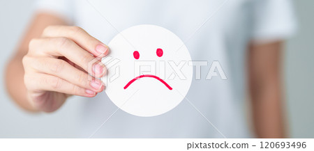 Woman show Unhappy Sad face paper, Mental health Assessment, Psychology, Health Wellness, Feedback, Customer Review, Experience, Satisfaction Survey, Negative Thinking and World Mental Health day 120693496
