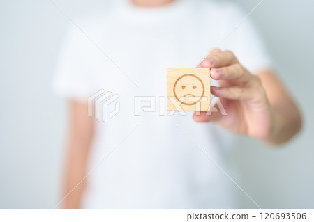 Woman show Unhappy Sad face block, Mental health Assessment, Psychology, Health Wellness, Feedback, Customer Review, Experience, Satisfaction Survey, Negative Thinking and World Mental Health day 120693506