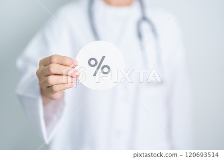 Woman show percentage symbol paper. Medical services, discount and promotion, Health, Diagnosis  and Medical concept 120693514