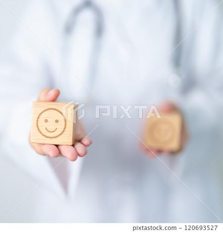 Doctor show Happy smile face block, Mental health Assessment, Psychology, Health Wellness, Positive Feedback, Customer Review, Good Experience, Satisfaction Survey, World Mental Health day concept 120693527