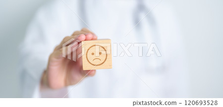 Doctor show Unhappy sad face block, Mental health Assessment, Psychology, Health Wellness, Negative Feedback, Customer Review, Bad Experience, Satisfaction Survey, World Mental Health day concept Doctor show Unhappy sad face block, Mental health Assessment, Psychology, Health Wellness, Negative Feedback, Customer Review, Bad Experience, Satisfaction Survey, World Mental Health day concept 120693528