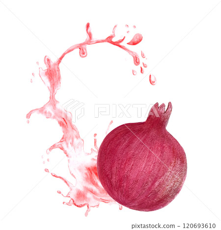 Ripe pomegranate splashing in a pink juice, rich textured, vibrant illustration isolated on white. The hand-painted watercolor perfect for culinary designs, juice packages, kitchen decor, prints 120693610