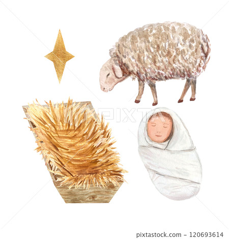 Wooden manger, baby Jesus, sheep and a star watercolor set isolated on white. Hand painted perfect for cards, stickers, celebration of true Christmas, decoration design. Christian tradition clipart Wooden manger, baby Jesus, sheep and a star watercolor set isolated on white. Hand painted perfect for cards, stickers, celebration of true Christmas, decoration design. Christian tradition clipart 120693614