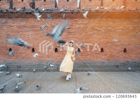 Young asian woman traveler in Yellow dress with hat and bag traveling on Tha Pae Gate, Tourist visit at the old city in Chang Mai, Thailand. Asia Travel, Vacation and summer holiday concept Young asian woman traveler in Yellow dress with hat and bag traveling on Tha Pae Gate, Tourist visit at the old city in Chang Mai, Thailand. Asia Travel, Vacation and summer holiday concept 120693643