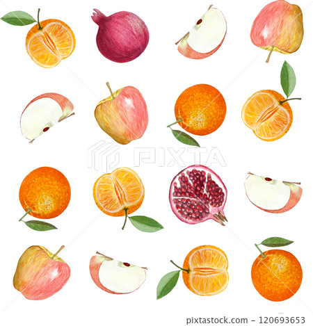 A striped apple, a pomegranate and an orange whole and half watercolor seamless pattern isolated on white. Hand-painted art perfect for kitchen design, prints, packages, wrapping paper, harvest theme 120693653