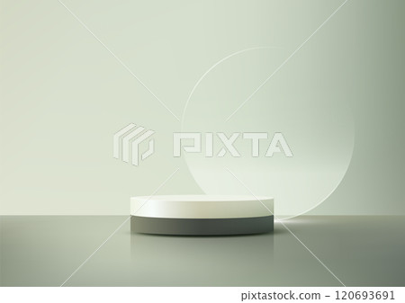3D Cylindrical Podium with White Top and Grey Base on Green Wall and Transparent Circle Background for Minimal Product Display and Showcase 3D Cylindrical Podium with White Top and Grey Base on Green Wall and Transparent Circle Background for Minimal Product Display and Showcase 120693691