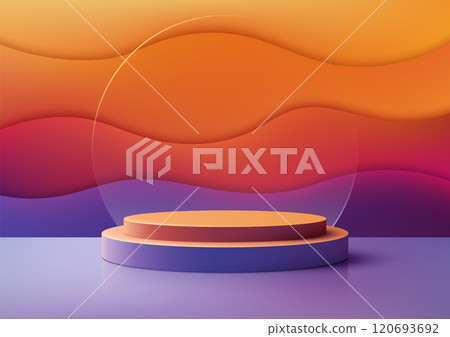 3D Podium Stage with Transparent Glass Circle on Purple Floor Against Orange and Purple Wall for Product Display and Mockup 3D Podium Stage with Transparent Glass Circle on Purple Floor Against Orange and Purple Wall for Product Display and Mockup 120693692
