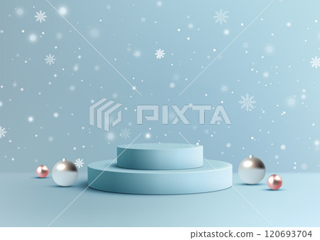 Christmas Festive 3D Winter Scene with Two Tiered Podium Snowflakes and Ornaments on a Light Blue Background for Mockups and Product Displays Christmas Festive 3D Winter Scene with Two Tiered Podium Snowflakes and Ornaments on a Light Blue Background for Mockups and Product Displays 120693704