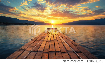 A wooden pier extending into the sea bathed in warm hues of sunset light Generative AI 120694178