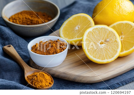 Lemon slices on wooden board with additional lemon slices placed a white tea infuser Generative AI 120694197