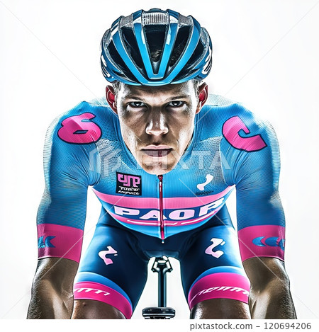 A professional cyclist on a bicycle participates isolated on white background Generative AI 120694206