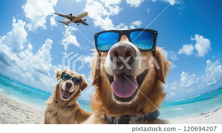 Golden retrievers wearing sunglasses selfie at the beach with the planes is flying over Golden retrievers wearing sunglasses selfie at the beach with the planes is flying over 120694207