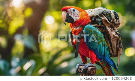 Parrot with a tiny backpack looking ready for adventure Generative AI 120694208