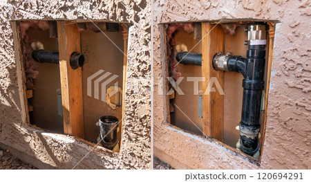 Before and After Plumbing Repair Service. Cut Out External Wall of House with Fixed, Replaced Pipe. Repairing Water Supply. Nobody. Construction. Horizontal Plane. Maintenance of Leakage 120694291