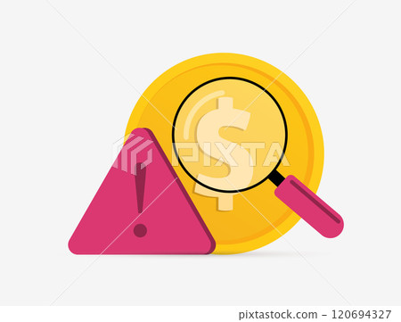 Financial fraud detection illustration with magnifying glass over dollar symbol, warning sign and alert triangle. Online scams, money security and risk assessment isolated vector illustration 120694327