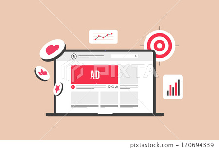 Social media advertising concept. Laptop with targeted ads, analytics, engagement icons and charts. Digital marketing, PPC campaigns, audience targeting and social media promotion vector illustration 120694339