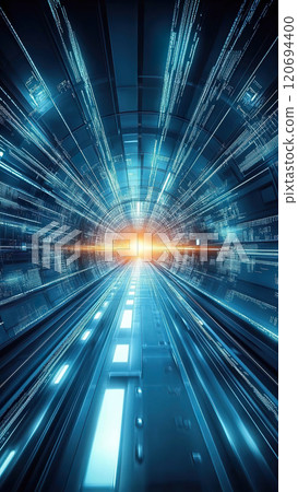 A bright light shines through a futuristic tunnel with glowing lines and digital patterns A bright light shines through a futuristic tunnel with glowing lines and digital patterns 120694400