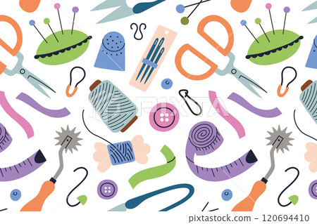 Colorful sewing pattern, vector illustration with needlework tools, flat cartoon design. Background with scissors, thread, needles, buttons, and ribbons. Perfect for craft, tailoring, creative project 120694410