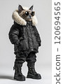Siamese cat wearing a down jacket and sunglasses 120694565