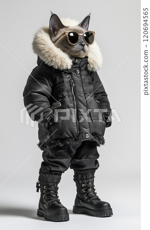 Siamese cat wearing a down jacket and sunglasses 120694565