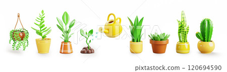 3d set of house plants in flower and hanging pots for home interior, garden. Cactus, green tree bush, yellow watering can pour water sprout grow in soil, isolated cartoon render icon. 3D illustration 120694590