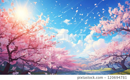 春天櫻花樹盛開藍天風景/壁紙/背景 120694781