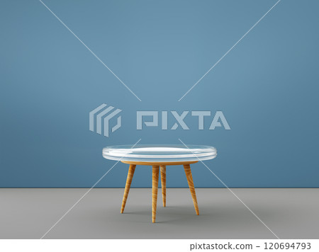 3d wooden table podium with glass top in living room render. Studio interior with blue wall, gray floor and round transparent desk for product presentation, beauty cosmetic display. 3D illustration 3d wooden table podium with glass top in living room render. Studio interior with blue wall, gray floor and round transparent desk for product presentation, beauty cosmetic display. 3D illustration 120694793