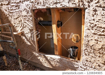 Cut Pipe System, Plumbing Repair Service. External Wall of House with Broken Pipe. Repairing Water Supply. Nobody. Construction. Horizontal Plane. Maintenance of Leakage 120694905
