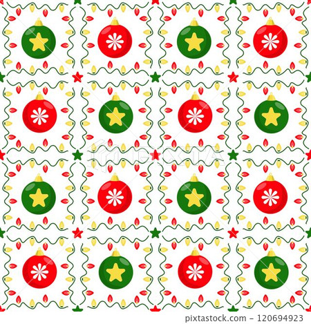 Seamless pattern with Christmas balls and light bulbs on a white background. 120694923