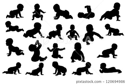 Baby and toddler silhouette, baby sitting, crawling and standing, vector silhouette of baby Baby and toddler silhouette, baby sitting, crawling and standing, vector silhouette of baby 120694986