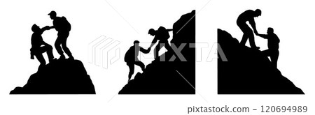 Two people help each other climb the mountain vector silhouette. Teamwork friendship hiking help each other trust assistance silhouette in mountains, sunrise 120694989