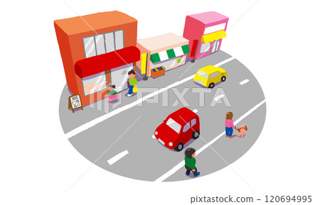Streetscape of a shopping street lined with shops and people and cars passing by Streetscape of a shopping street lined with shops and people and cars passing by 120694995