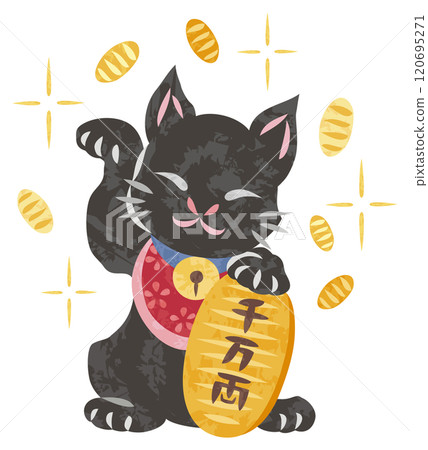 Illustration of a smiling maneki-neko (beckoning cat) raising its right paw and holding a gold coin Illustration of a smiling maneki-neko (beckoning cat) raising its right paw and holding a gold coin 120695271
