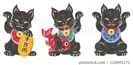 祝你好運招手貓，微笑的黑貓插圖集 120695272