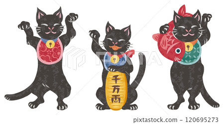 祝你好運招手貓，微笑的黑貓插圖集 120695273