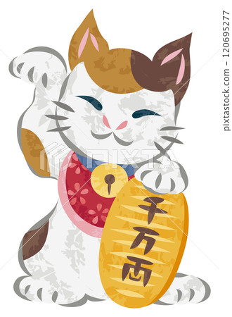 一隻微笑的招財貓拿著橢圓形硬幣並舉起右手的插圖 120695277
