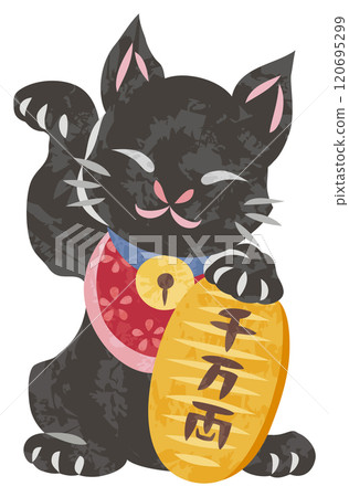 Illustration of a smiling maneki-neko (beckoning cat) raising its right paw and holding a gold coin Illustration of a smiling maneki-neko (beckoning cat) raising its right paw and holding a gold coin 120695299
