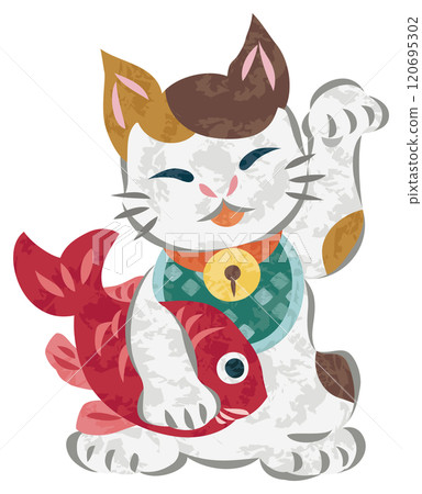 微笑的招財貓舉起鯛魚並舉起左手的插圖 120695302