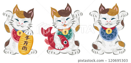 Lucky cat, smiling calico cat, illustration set 120695303