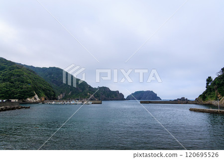 清晨的中木港。 可以看到大空島、小山葉山礁、隱岐葉山礁。 加茂區南伊豆町中木広濱 120695526