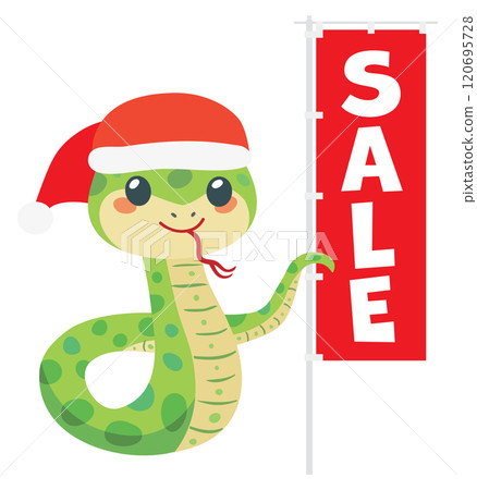 聖誕節銷售時一條可愛的蛇舉著橫幅的插圖 120695728