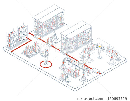 Warehouse automation uses robots and smart technologies to optimize logistics with minimal human intervention. Vector illustration EPS 10 Warehouse automation uses robots and smart technologies to optimize logistics with minimal human intervention. Vector illustration EPS 10 120695729