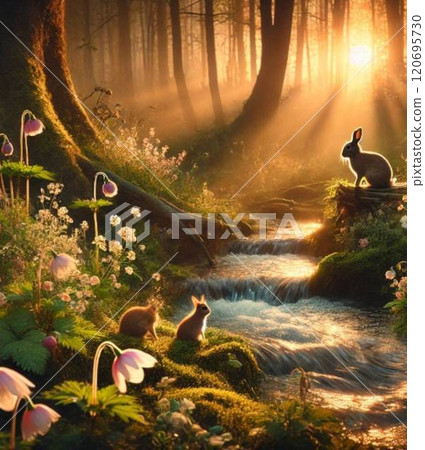 夕陽下流淌的河水聲令人心曠神怡，風景如畫。 120695730