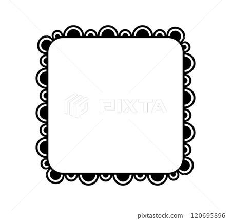 Scalloped edge square frame. Simple rectangle scalloped border. Fabric lace pattern frame. Repeat cute vintage frill ornament. Texture ribbon. Vector illustration isolated on white background 120695896