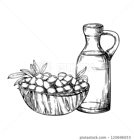 Glass bottle with olive oil and a wooden bowl with olive fruit berries and leaves. Vector illustration. Carafe with food sauce. Black Ink line art hand drawn illustration isolated from background Glass bottle with olive oil and a wooden bowl with olive fruit berries and leaves. Vector illustration. Carafe with food sauce. Black Ink line art hand drawn illustration isolated from background 120696053