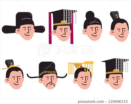 Korean character head culture headwear hat cap hair style traditional South Korea tradition cultural headdress accessories Joseon kingdom era heritage smiling facial expression face design icon set 120696155