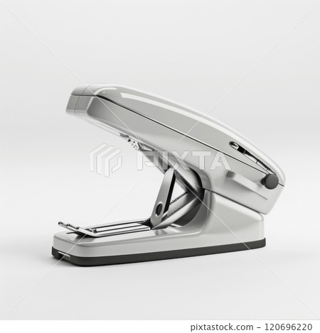 Modern white desktop stapler on white background for office supplies and organization 120696220