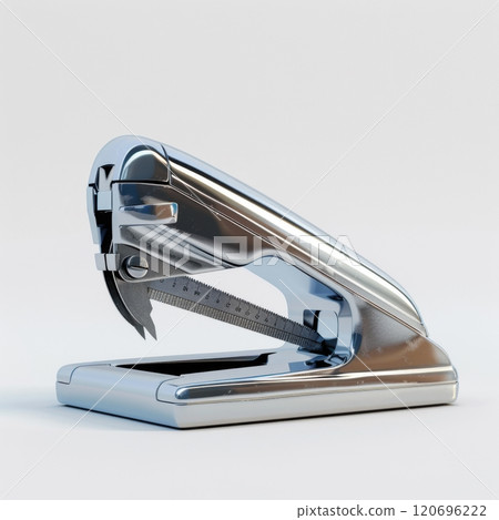Modern metal stapler in silver finish on a plain white background 120696222
