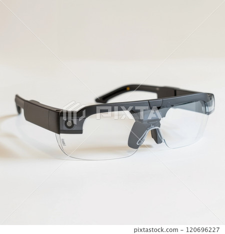 Modern black smart glasses with transparent lenses on white background 120696227